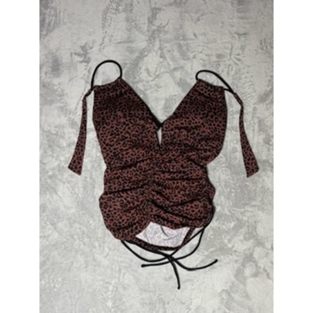 Unbranded Leopard Tankini Top Large Leopard Print Ruched Tie Shoulder V-Neck